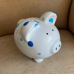 Child To Cherish White/Blue Polka Dots Ceramic Piggy Bank